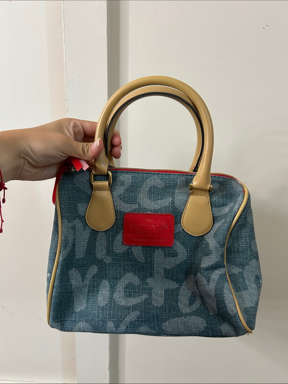 Victoria's Secret Teal Canvas Satchel with Tan Handles and Red Trim